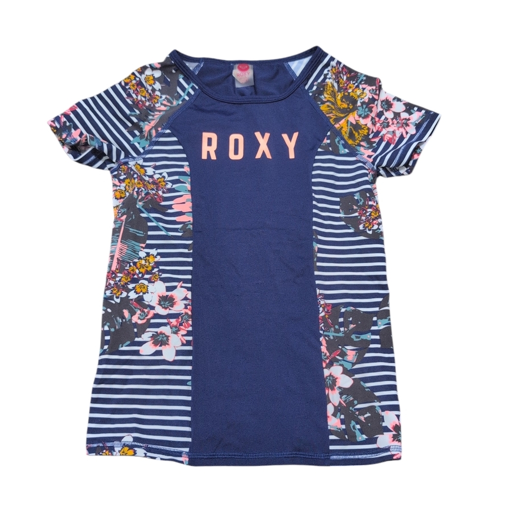 Roxy Short Sleeve Rash Guard Girls Size 12 Navy Blue Peach Letter Floral Stripe